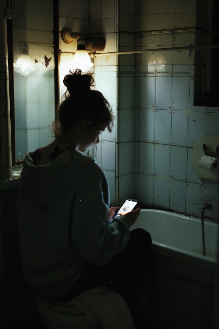 Foto gratuito retrato de una persona que sufre de ciberenfermedad por usar un dispositivo tecnológico durante demasiado tiempo