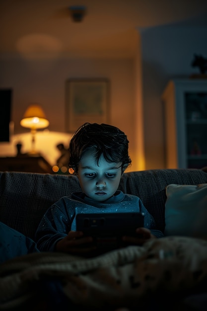 Retrato de una persona que sufre de ciberenfermedad por usar un dispositivo tecnológico durante demasiado tiempo