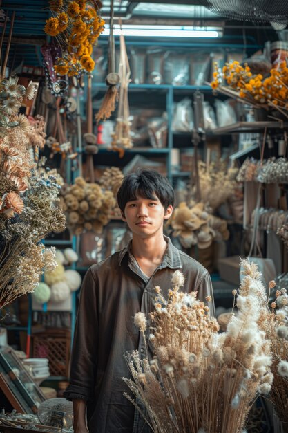Retrato de una persona que trabaja en una tienda de flores secas