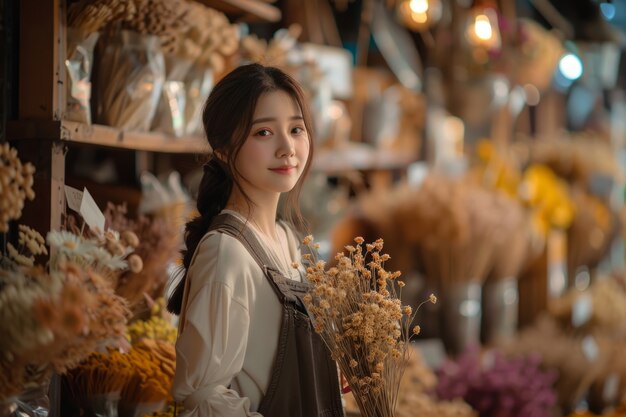 Retrato de una persona que trabaja en una tienda de flores secas