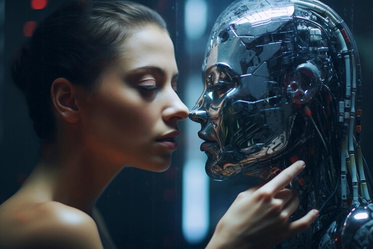 Foto gratuito retrato de una persona y un robot