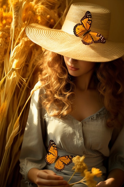 Foto gratuita retrato de una persona rodeada de mariposas