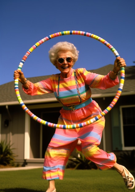 Foto gratuita retrato de una persona sonriendo con un hula hoop