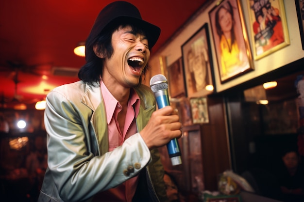 Foto gratuita retrato de una persona sonriendo en el karaoke
