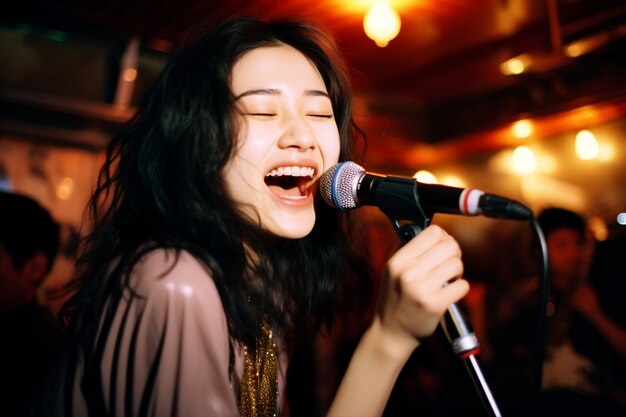 Retrato de una persona sonriendo en el karaoke