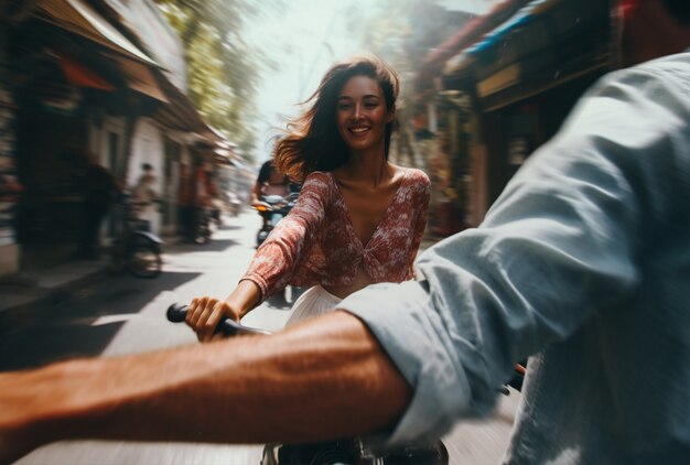 Retrato de una persona sonriendo mientras anda en bicicleta