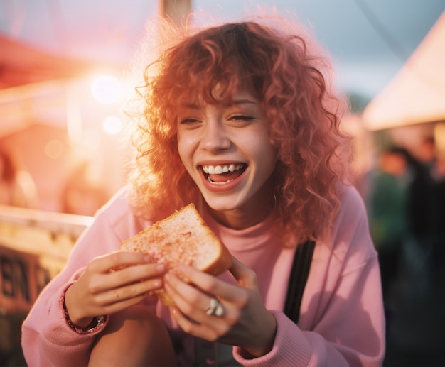 Retrato de una persona sonriendo mientras come