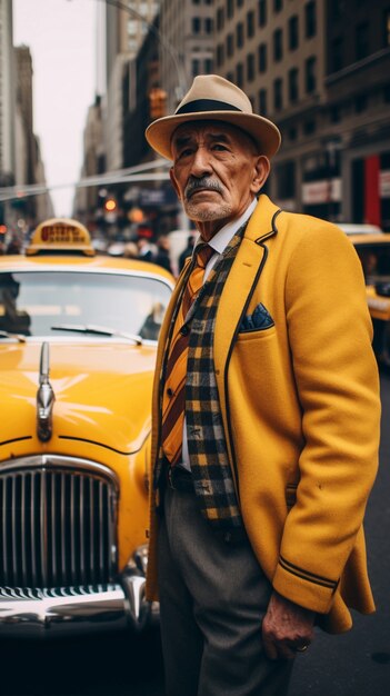 Retrato de persona con taxi amarillo en la ciudad de nueva york