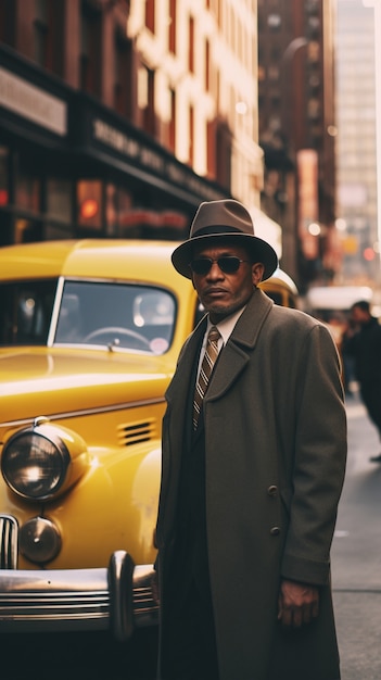Retrato de persona con taxi amarillo en la ciudad de nueva york