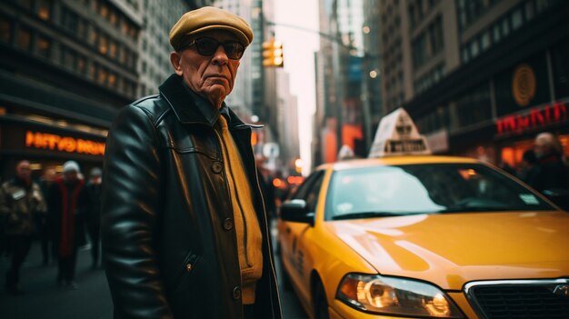 Retrato de persona con taxi amarillo en la ciudad de nueva york