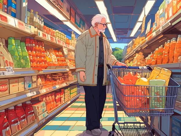 Retrato de un personaje de anime haciendo compras al estilo de dibujos animados