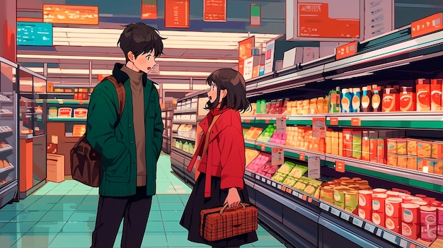 Retrato de un personaje de anime haciendo compras al estilo de dibujos animados