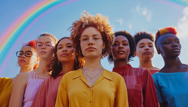 Foto gratuita retrato de personas con arco iris colorido de sus pensamientos y cerebro sobre fondo azul