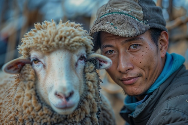 Foto gratuita retrato de las personas a cargo de una granja de ovejas