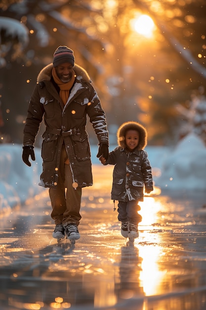 Foto gratuita retrato de personas patinando sobre hielo al aire libre durante el invierno