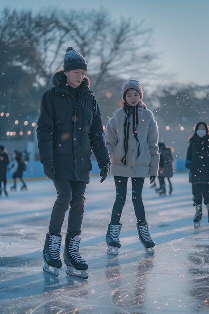 Retrato de personas patinando sobre hielo al aire libre durante el invierno