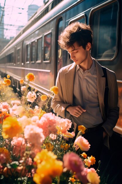 Retrato de primavera de un hombre con flores en flor