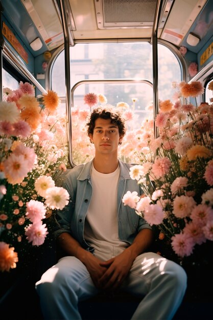 Retrato de primavera de un hombre con flores en flor