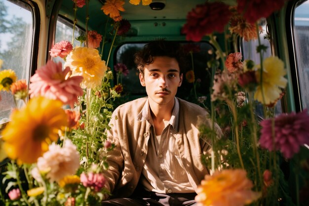 Retrato de primavera de un hombre con flores en flor