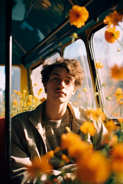 Retrato de primavera de un hombre con flores en flor