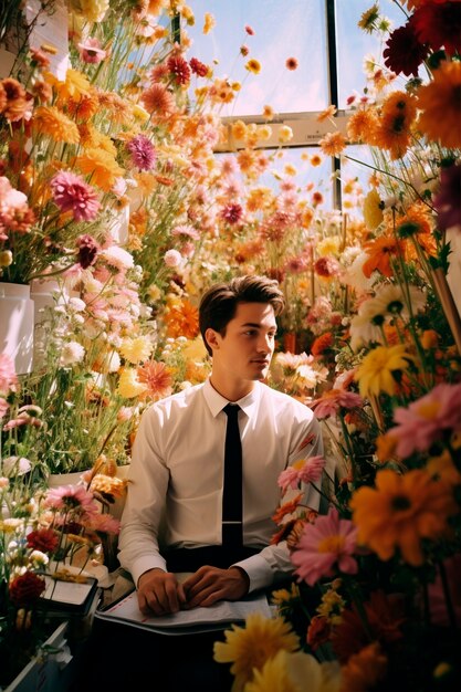 Retrato de primavera de un hombre con flores en flor