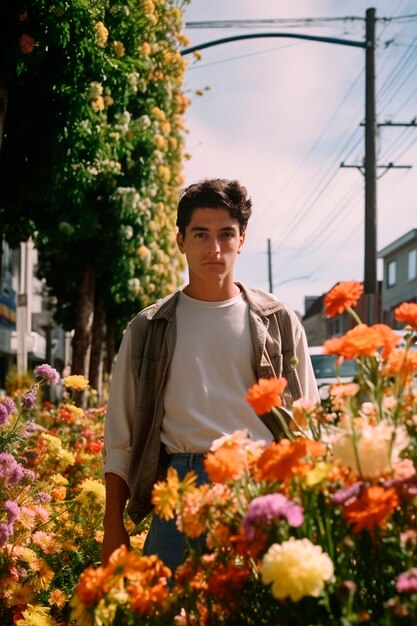 Retrato de primavera de un hombre con flores en flor