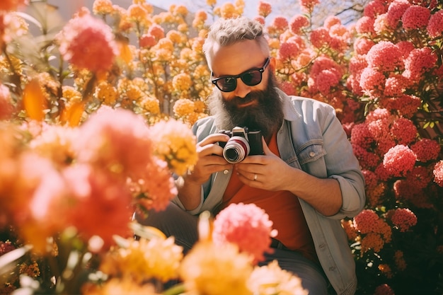 Retrato de primavera de un hombre con flores en flor