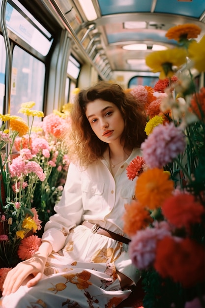 Foto gratuita retrato de primavera de una mujer con flores en flor