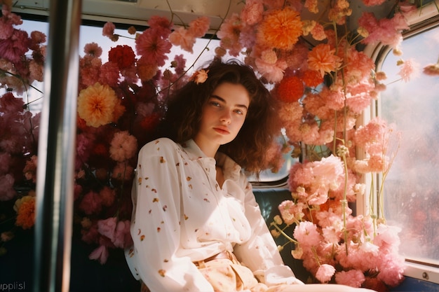 Foto gratuita retrato de primavera de una mujer con flores en flor