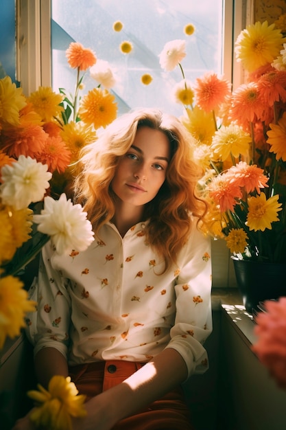 Foto gratuita retrato de primavera de una mujer con flores en flor