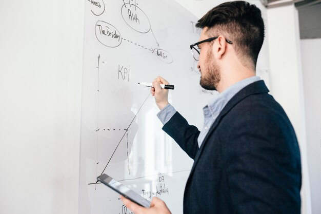 Retrato de primer plano de oung hombre de pelo oscuro con gafas con portátil escribiendo un plan de negocios en la pizarra. Viste camisa azul y chaqueta oscura. Vista lateral.