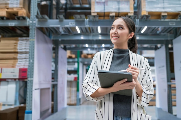 Retrato de la propietaria de una empresa asiática que usa una tableta digital para verificar la cantidad de inventario de productos en stock en el estante del almacén de distribución, el servicio de envío y entrega comercial de fábrica logística