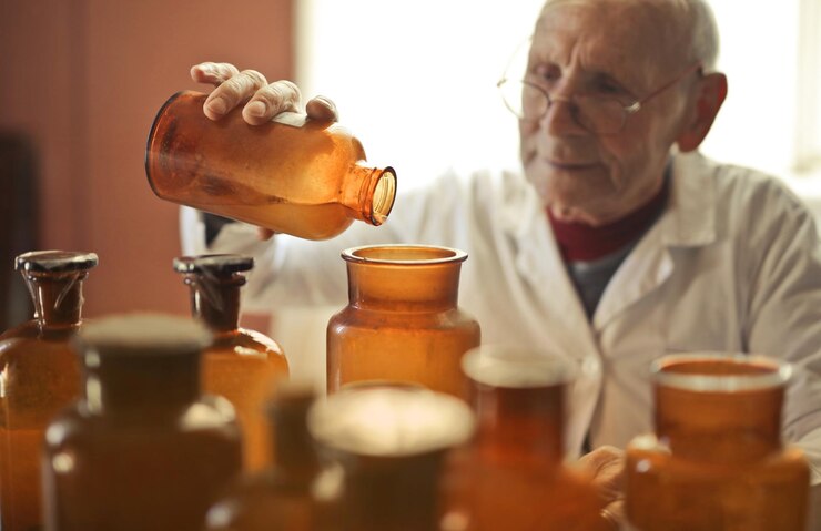 retrato de químico en su laboratorio