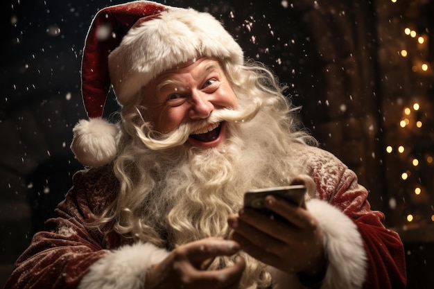 Foto gratuita retrato realista de un feliz santa klauss con un teléfono inteligente y un fondo nevado