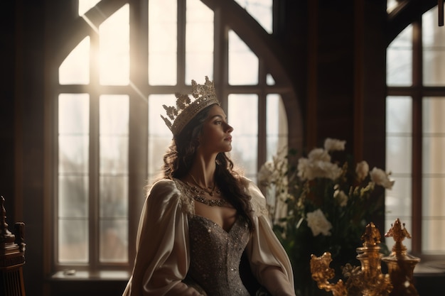 Retrato de reina medieval con corona en la cabeza