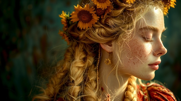 Foto gratuita retrato renacentista de una mujer como diosa del sol