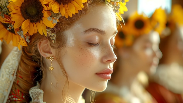 Foto gratuita retrato renacentista de una mujer como diosa del sol