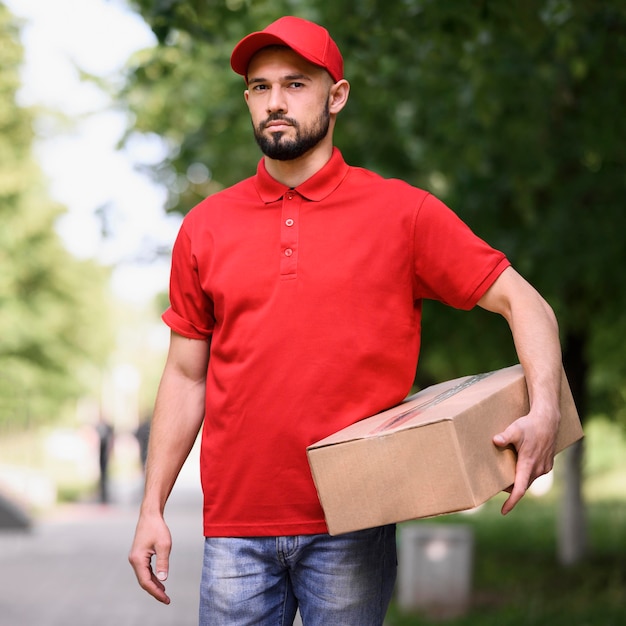 Foto gratuita retrato del repartidor barbudo con caja