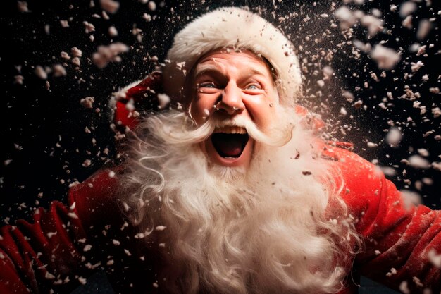 retrato de santa claus gritando feliz mientras cae la nieve