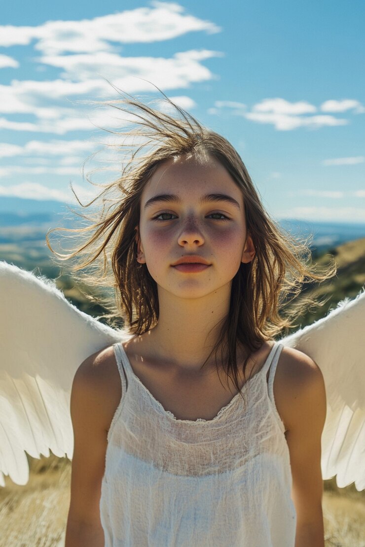 Retrato de un ser humano representado como un ángel con alas