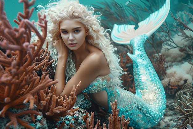 Foto gratuita retrato de sirena femenina con cola de fantasía y estética de ensueño