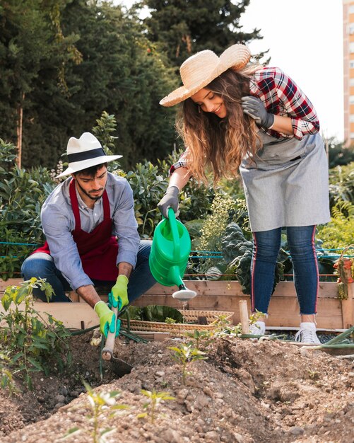 Retrato sonriente de una mujer que riega las plantas y un trabajador de sexo masculino que cava el suelo con la azada