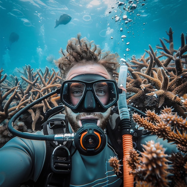 Retrato submarino de un buzo que explora el mundo marino