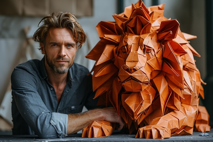 Foto gratuito retrato surrealista de una persona con una representación geométrica de un animal