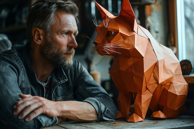 Foto gratuito retrato surrealista de una persona con una representación geométrica de un animal