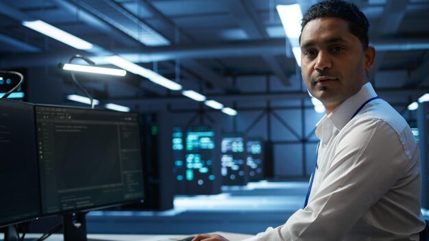 Retrato de un técnico sonriente en el centro de datos que gestiona la infraestructura