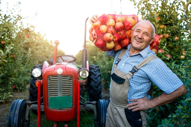 Retrato de trabajador agrícola sosteniendo un saco lleno de manzanas