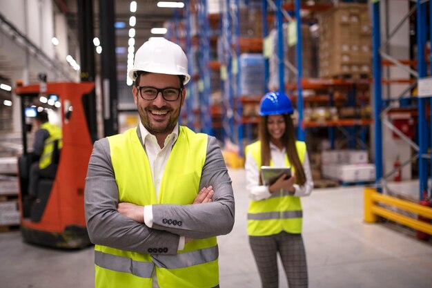 Retrato de trabajador de almacén exitoso o supervisor con los brazos cruzados de pie en una gran área de distribución de almacenamiento