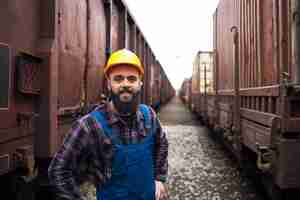 Foto gratuita retrato del trabajador ferroviario sonriente de pie entre trenes de mercancías