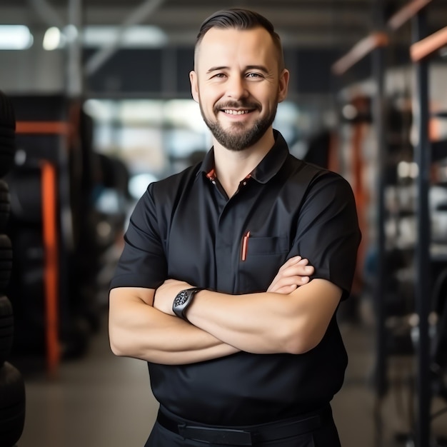 Foto gratuita retrato de un trabajador de neumáticos en un garaje generado por la ia